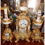 19th century French ormolu and hand painted porcelain clock garniture