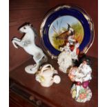 Continental porcelain figures, bird plate etc