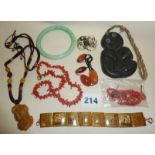 Assorted Oriental jewellery, Persian handpainted bone bracelet, loose coral beads, another necklace,