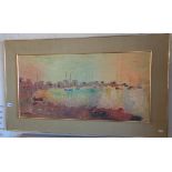 1960s Impressionistic palette knife oil painting of a harbour scene with yachts, signed, 59cm x 98cm