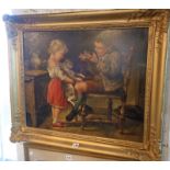 Corbeau BARISON, oil on canvas of two children with a cat in an interior scene, signed, 63cms x