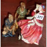 Royal Doulton lady figurine 'Top O The Hill' 822821 and two Japanese mud men type figures