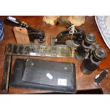 Pracision and other technical or draughtsman's drawing tool sets, old binoculars and antique paper