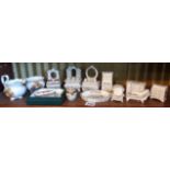 Miniature china pieces including doll's house furniture, Aynsley, Wedgwood pin dishes etc