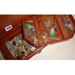 Vintage leather jewellery box and contents, necklaces, brooches, earrings etc