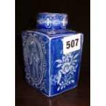 Delft blue and white Chinoiserie tea caddy decorated with oriental figures