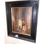 Oil on board of a Normandy church interior with figures by Pierre Le Boeuff, 12" x 9"