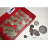 Collection of silver 3d coins, other coins and some Victorian religious medallions