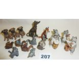 Cold painted bronze miniature animal figures including Pug dogs, squirrels, cat, Beatrix Potter's