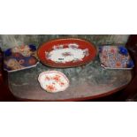 Two signed Chinese porcelain square dishes, and two other dishes, one gilt-edged and another with