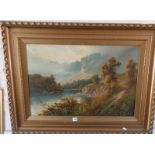 Victorian oil on canvas of an Alpine scene with figure, 20" x 30", signed lower right by John C.