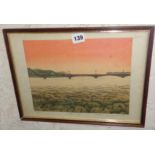 Japanese woodblock print 7/100, signed by Tokio MIYASHITA (b. 1930) of a bridge with train plate