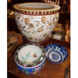 Large Chinese porcelain jardiniere on stand, blue and white bowl and another planter decorated
