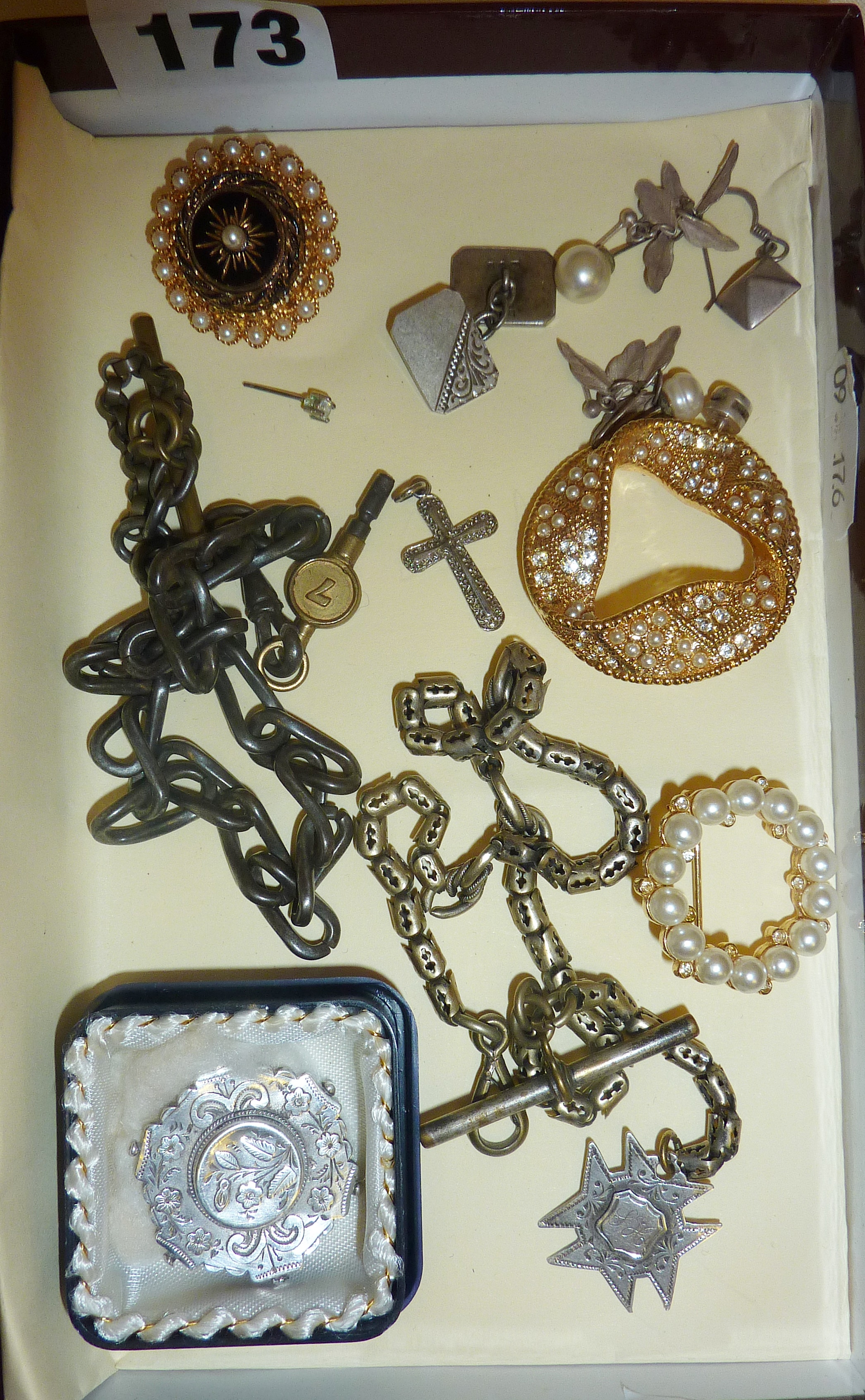 Antique fob watch chain, silver fob medal, antique and vintage jewellery brooches, earrings etc