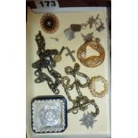 Antique fob watch chain, silver fob medal, antique and vintage jewellery brooches, earrings etc