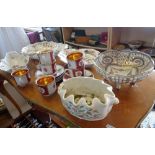 Czechoslovakian gilded teacups, Dresden pierced bowl on legs, a Minton china flower vase and four