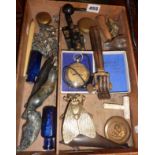 Tray of interesting assorted small items, inc. Inuit animal figures, pewter figures, bronze figure,