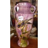 A large 1920's Torquay pottery vase by Lemon & Crute, decorated with reeds and a bird, 14" high,