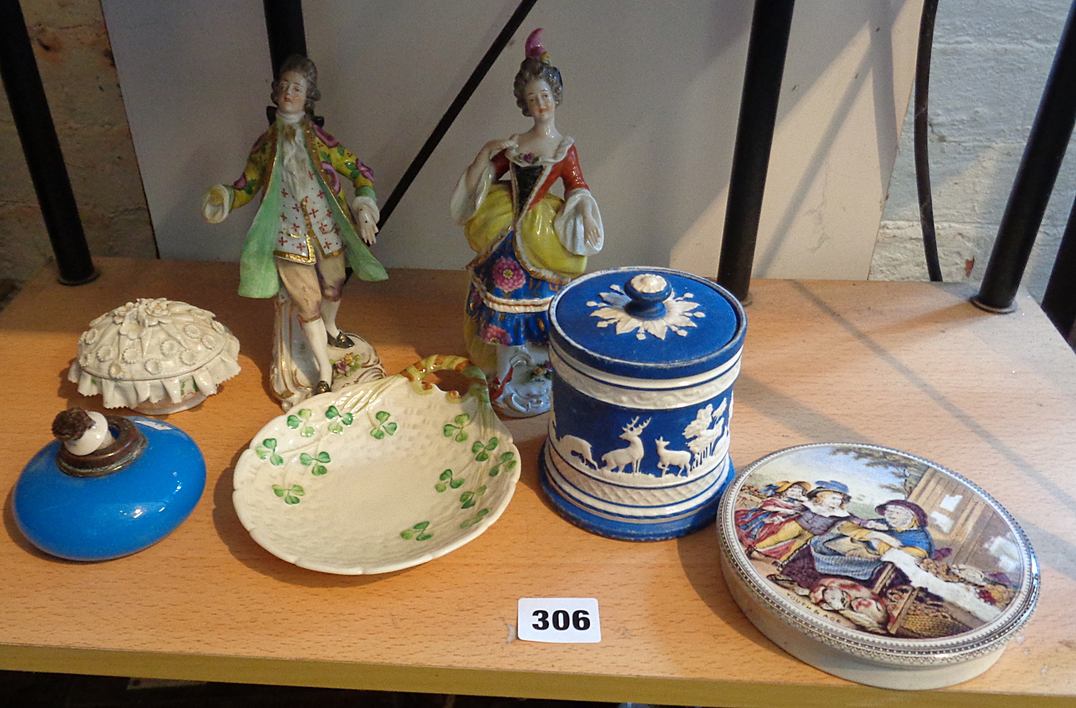 Belleek dish (green back stamp), pair Chelsea Derby figures with gold anchor mark (A/F), other china - Image 3 of 3