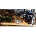 Brass and mahogany letter scales, WW1 binoculars, a Skymaster Ghost High Speed Timing Clock and