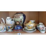 Shelf of assorted china including a Japanese Satsuma lidded vase, 38cm