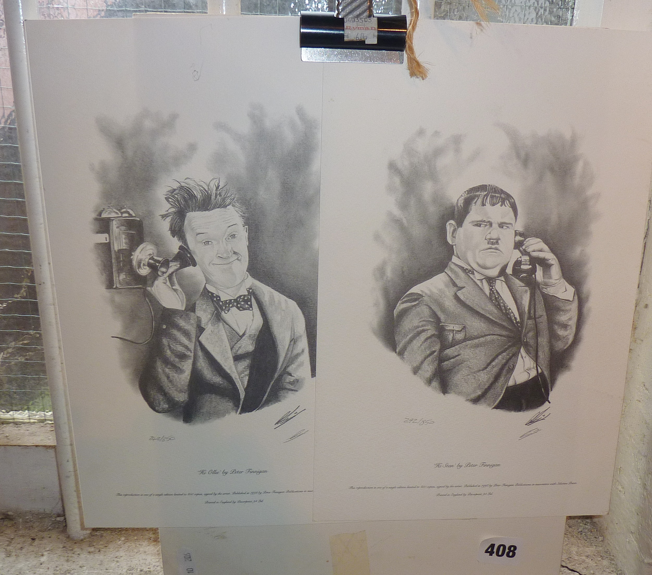 Limited Edition pair of prints, 'Hi Ollie' and 'Hi Stan' of Laurel and Hardy, signed by artist Peter