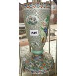 19th century Chinese Export famille verte oil lamp base on tapered cylindrical body and stepped foot