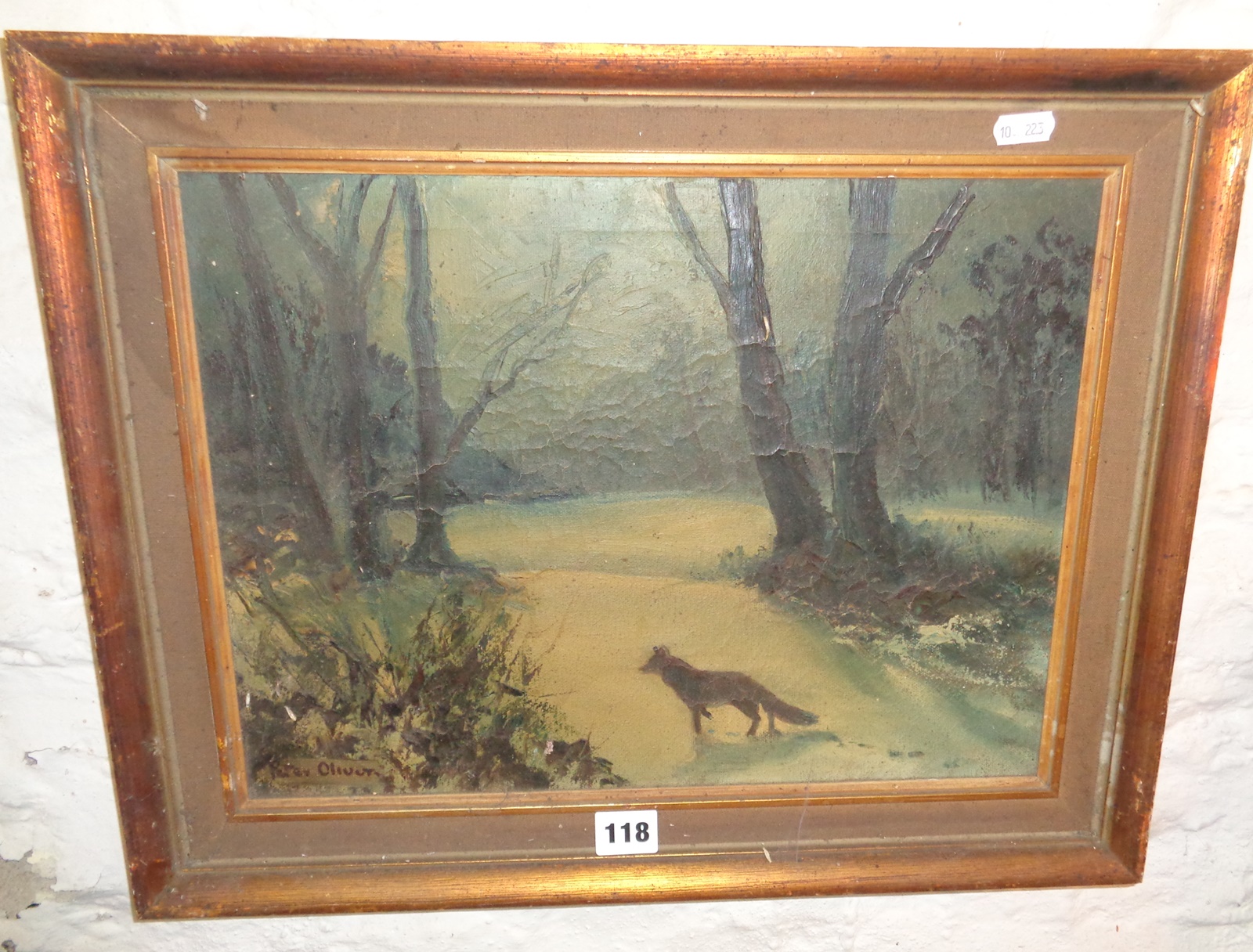 Victorian oil on canvas of a winter wooded landscape at night with fox, by Peter OLIVER