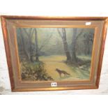 Victorian oil on canvas of a winter wooded landscape at night with fox, by Peter OLIVER