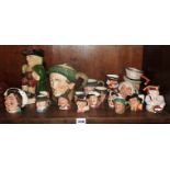 Shelf of miniature Royal Doulton character jugs and others