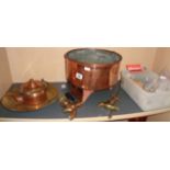 Brewers copper cauldron, brass tops. brass hooks etc