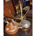Old copper kettle, brass coal scuttle and a set of five copper saucepans