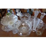 Assorted cut glass salad bowls, a ships decanter and vases, etc.