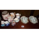 Assorted cream and milk jugs including Art Deco lustre, high relief ceramic wall plaques and a
