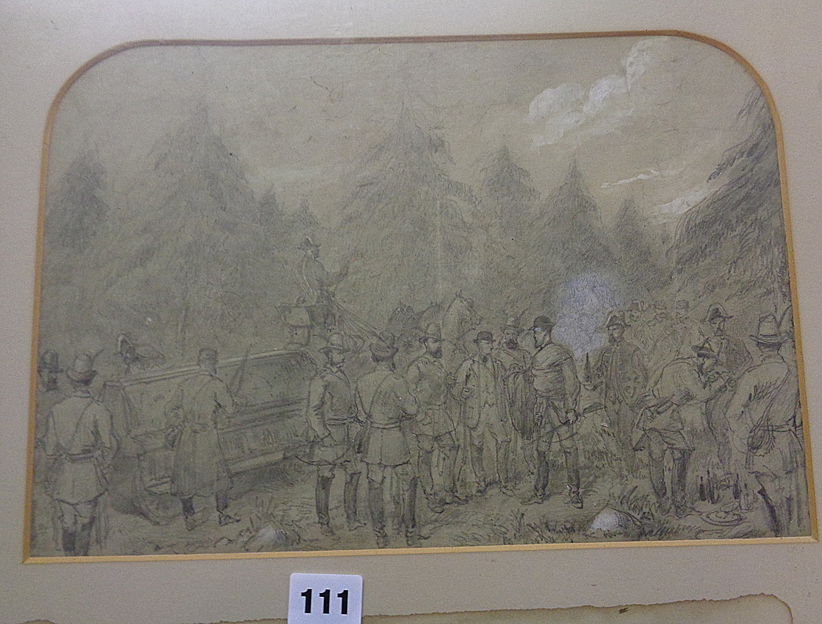 Early 20th century pencil drawing of Edward VII (Prince of Wales) whilst hunting for Elk in