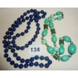 Old Chinese jade coloured Peking glass bead necklace, and a lapis lazuli beaded necklace