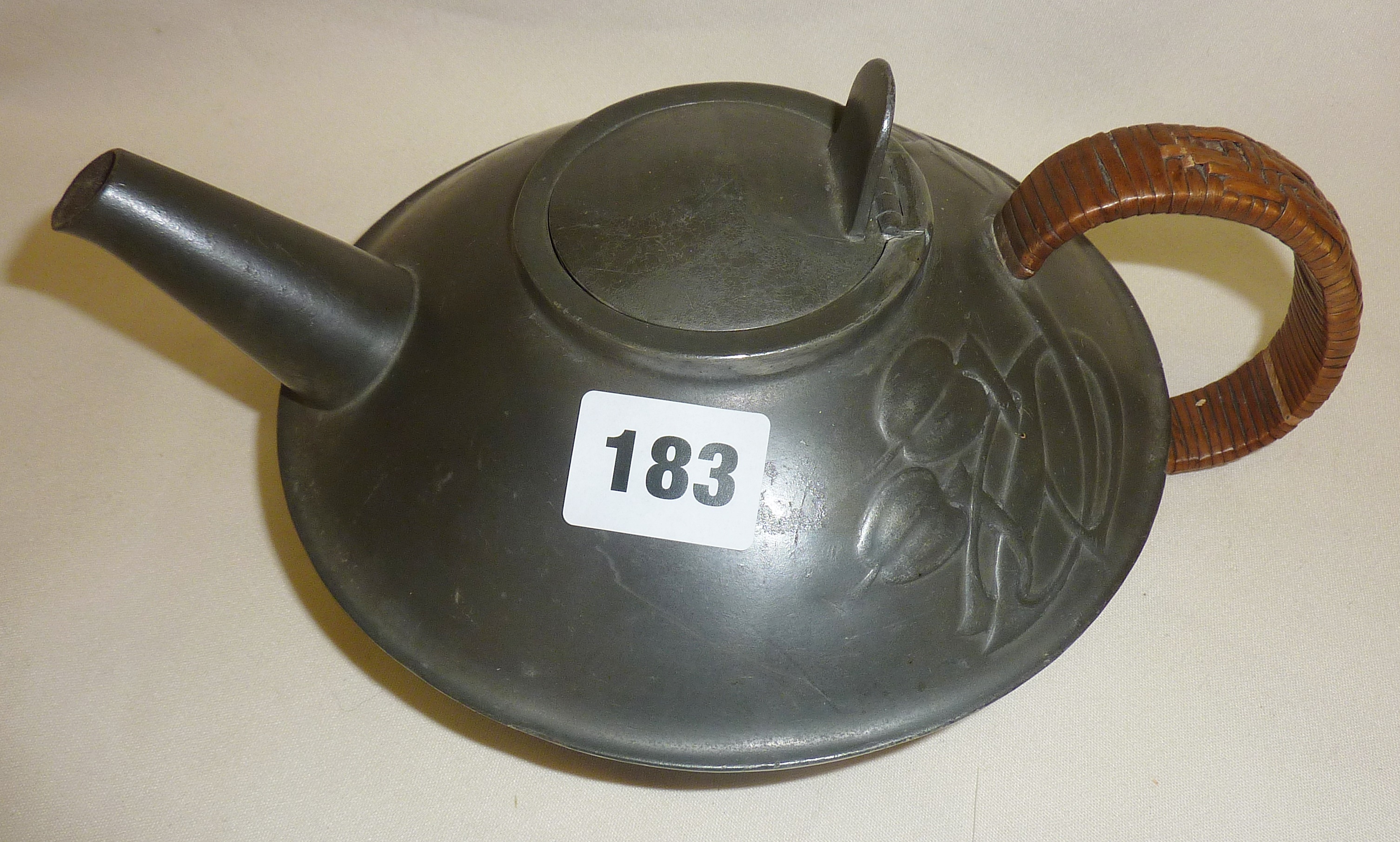 Archibald Knox designed Arts and Crafts Tudric Pewter teapot 0231, retailed by Liberty & Co