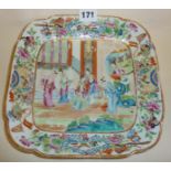 19th century Canton porcelain square Chinese figures plate or dish, approx. 9.25" wide