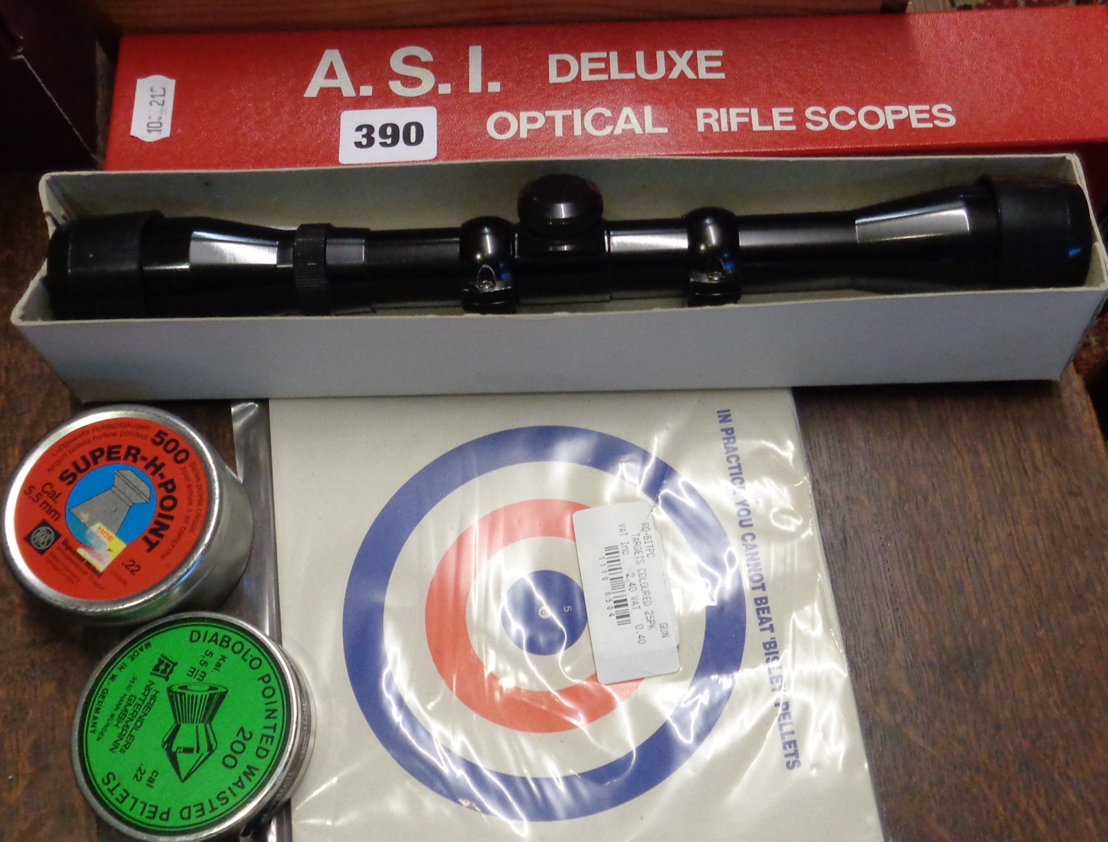 A.S.I. Deluxe Rifle Scope in box, with airgun pellets, targets etc