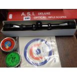 A.S.I. Deluxe Rifle Scope in box, with airgun pellets, targets etc