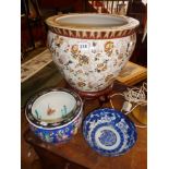 Large Chinese porcelain jardiniere on stand, blue and white bowl and another planter decorated