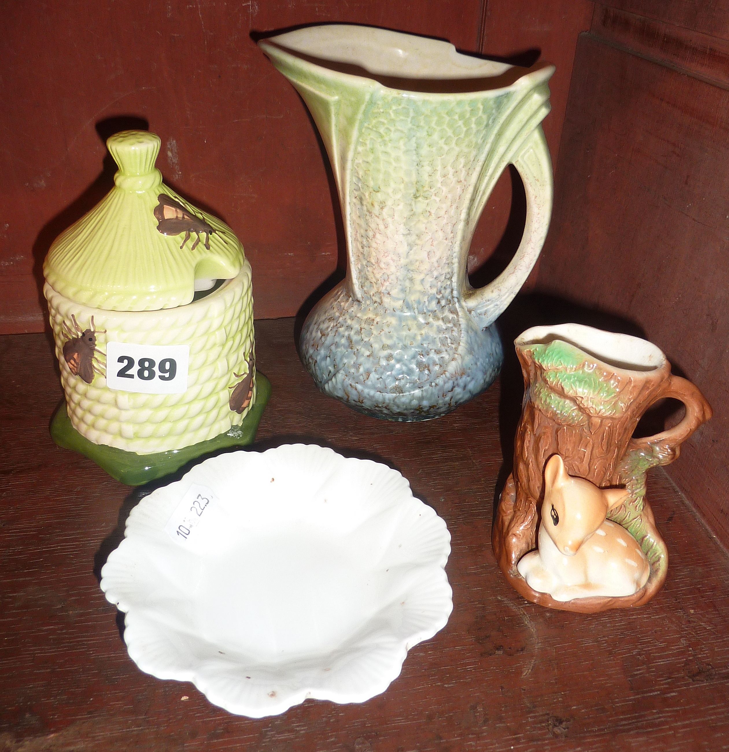 Small Shelley dish, a china beehive honey jar with bees decoration and two others
