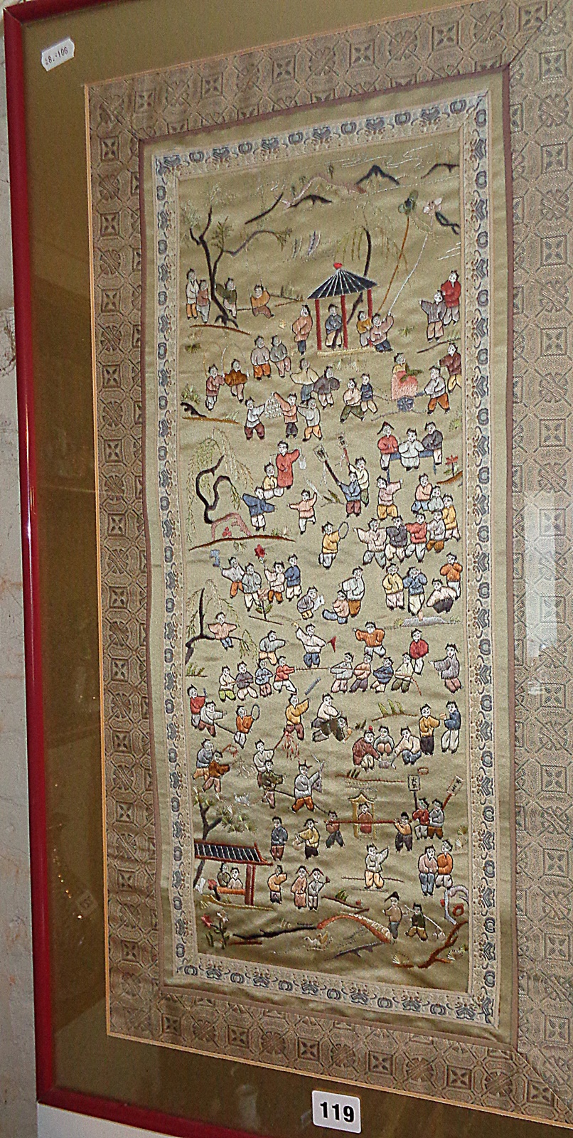 19th century Chinese silk embroidery of many children figures at play with kites, swings, etc.