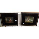 Pair of 19th century hand coloured engravings of pastoral scene with figures in black and gilt glass
