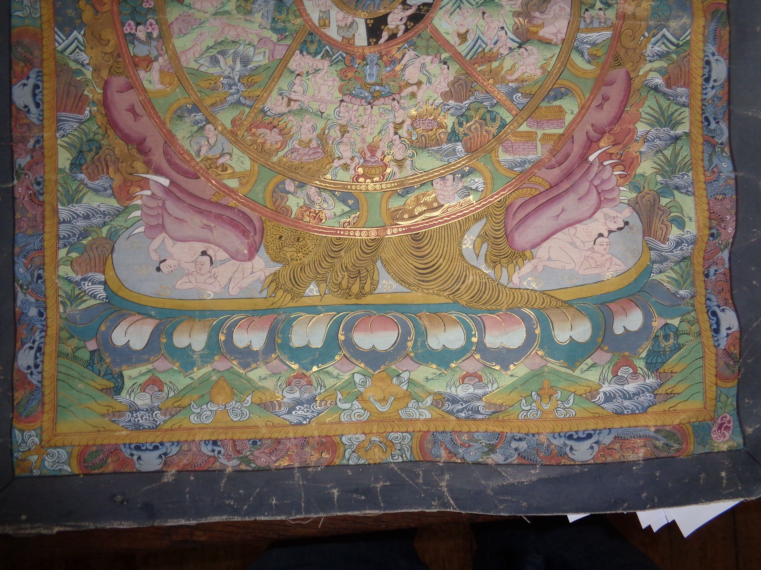 Antique Tibetan Thangka picture of the 'Wheel of Life', 54cm x 42cm (unframed) - Image 3 of 5