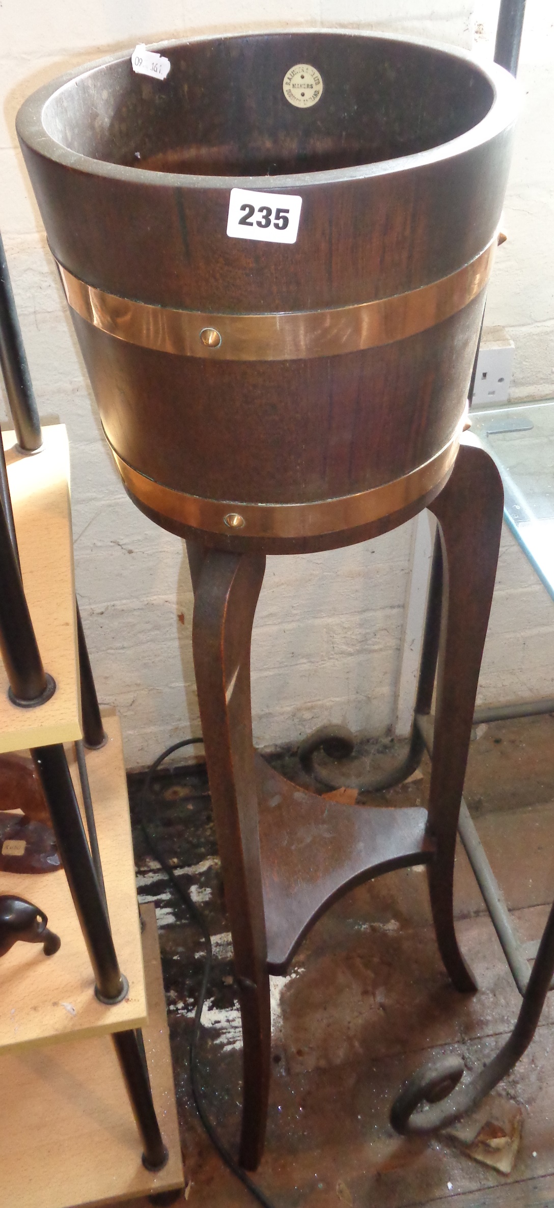 Copper bound oak barrel planter on stand by R. Lister of Dursley