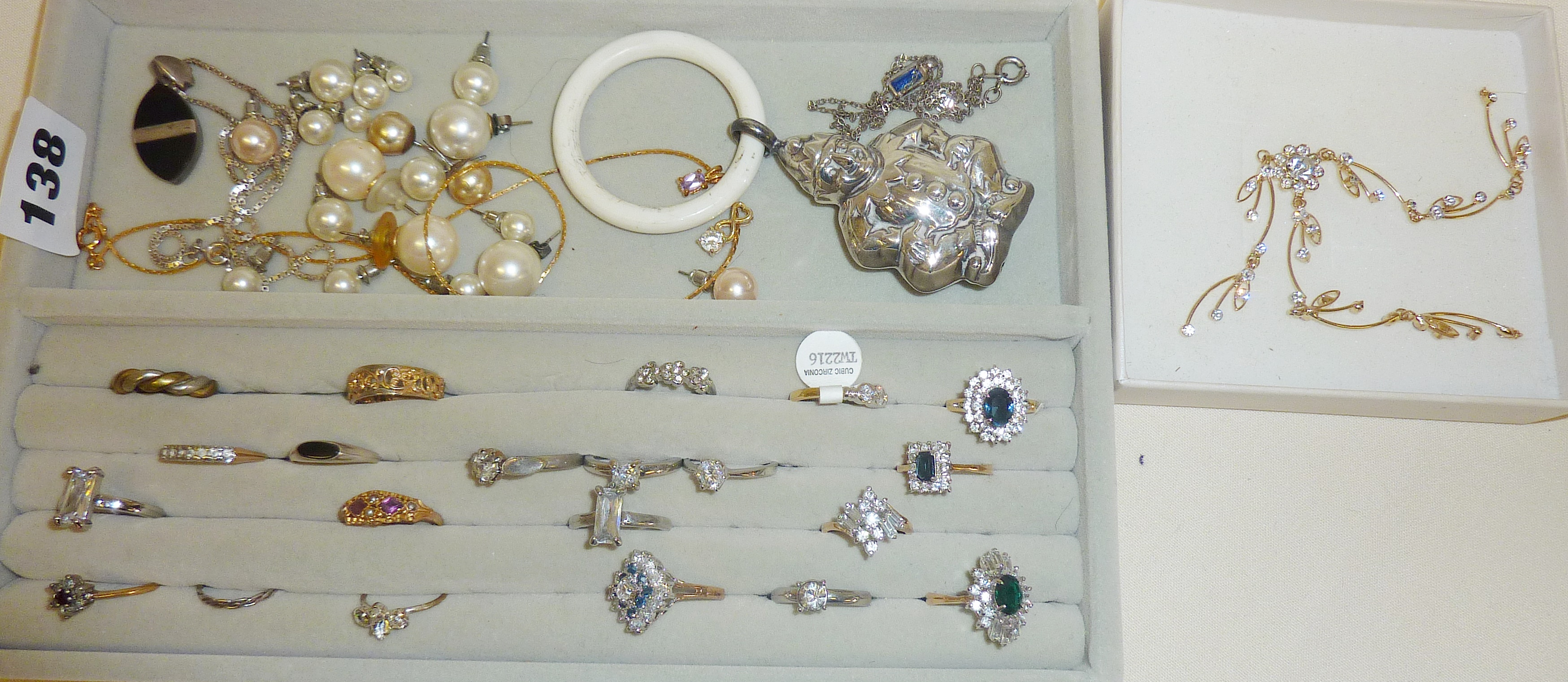 Assorted vintage costume jewellery, including some silver, clown teething rattle, etc.