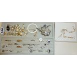Assorted vintage costume jewellery, including some silver, clown teething rattle, etc.