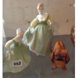 Two Royal Doulton lady figurines and a Royal Doulton Pekingese