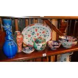Eight Oriental porcelain items, vases, bowls, turquoise dragon vase
